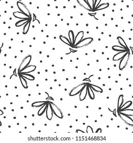 Black and white seamless pattern with hand painted simple flowers. Vector illustration.