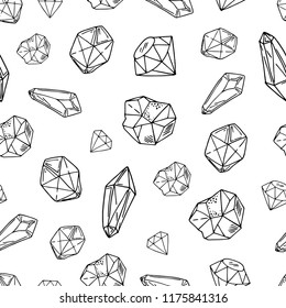 Black and white seamless pattern with hand drawn crystals and gems, vector illustration