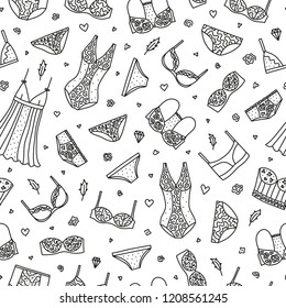 Black and white seamless pattern with hand drawn women lingerie and nightwear.