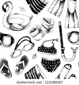 Black and white seamless pattern with hand drawn swimming accessories. Vector illustration