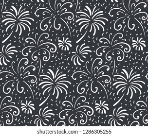 Black and white seamless pattern with hand drawn fireworks. Monochrome holiday vector endless background.
