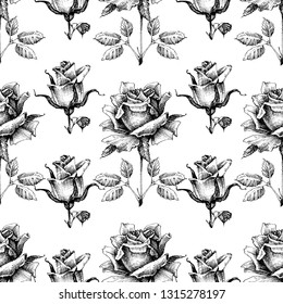 Black and white seamless pattern, hand drawn roses