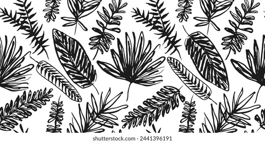 Black and white seamless pattern with hand drawn ink brush stroke textured tropical leaves. Artistic grunge paintbrush exotic botanical elements print for textile design, wrapping paper, wallpaper