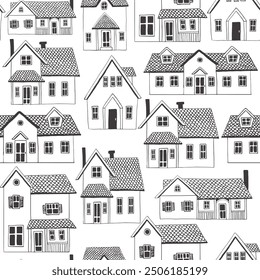 Black and white seamless pattern with hand drawn cute houses	