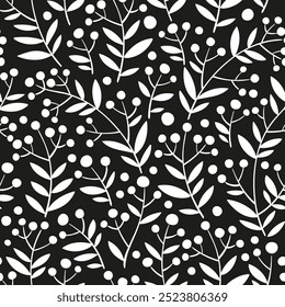 Patrón sin costuras en blanco y negro. Fondo floral dibujado a mano. Silueta de ramas entrelazadas con bayas y hojas