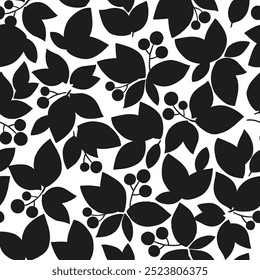 Patrón sin costuras en blanco y negro. Fondo floral dibujado a mano. Silueta de ramas entrelazadas con bayas y hojas