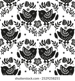 Black and white seamless pattern. Hand drawn floral background with stylized ornate birds. Silhouette of interweaving branches with berries and leaves