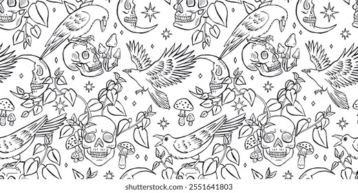 Black and white Seamless pattern with hand drawn inky ravens or crows sitting on human skulls. Monochrome Celestial Skeleton heads in forest foliage repeat background. Night sky crescents wallpaper