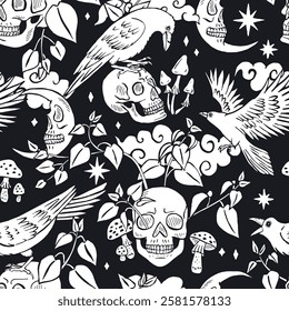 Black and white Seamless pattern with hand drawn inky ravens or crows sitting on human skulls. Monochrome Celestial Skeleton heads in forest foliage repeat background. Night sky with crescents, birds