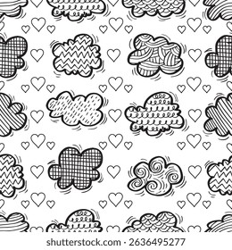 Black and white seamless pattern with hand drawn clouds and hearts. Vector illustration