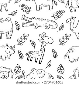 Patrón sin fisuras en blanco y negro con animales garabatos dibujados a mano. Estilo blanco y negro.
