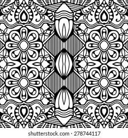 Black and white seamless pattern. Hand drawn tribal ethnic ornament. Vector geometric background.