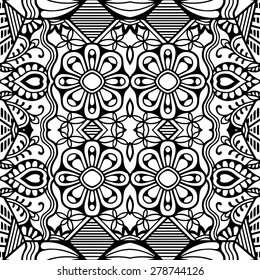 Black and white seamless pattern. Hand drawn tribal ethnic ornament. Vector geometric background.