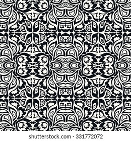 Black and white seamless pattern, hand drawn abstract background. Geometric floral ornament, tribal ethnic arabic indian motif. 