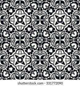 Black and white seamless pattern, hand drawn abstract background. Geometric floral ornament, tribal ethnic arabic indian motif. 