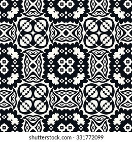 Black and white seamless pattern, hand drawn abstract background. Geometric floral ornament, tribal ethnic arabic indian motif. 