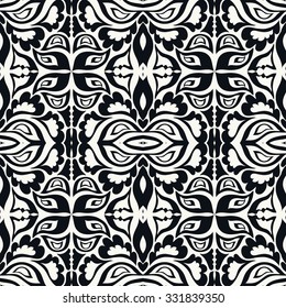 Black and white seamless pattern, hand drawn abstract background. Geometric floral ornament, tribal ethnic arabic indian motif. 