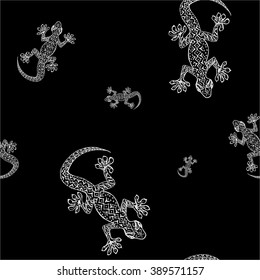 Black and white seamless pattern with hand drawn gecko