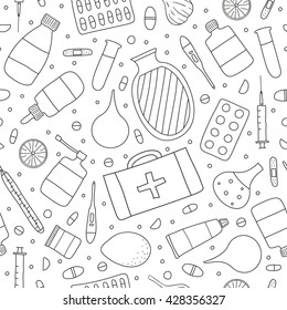 Black and white seamless pattern with hand drawn medical items.