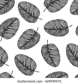 Black and white seamless pattern with hand drawn leaves