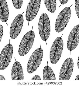 Black and white seamless pattern with hand drawn leaves