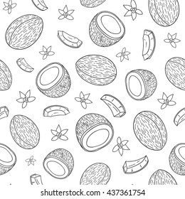 Black and white seamless pattern with hand drawn coconuts, tropical flowers.