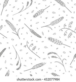 Black and white seamless pattern with hand drawn outline cereals, grains.