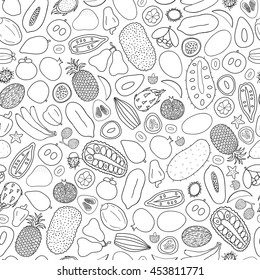 Black and white seamless pattern with hand drawn outline tropical fruits of Hawaii.