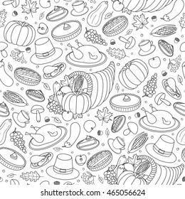 Black and white seamless pattern with hand drawn items for Thanksgiving day celebration.
