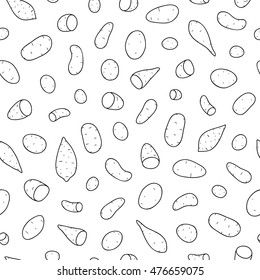 Black and white seamless pattern with hand drawn outline potatoes.