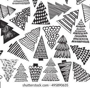 Black and white seamless pattern with hand drawn ornate Christmas trees. Vector endless background of new year symbols in graphic doodle style