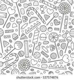 Black and white seamless pattern with hand drawn outline candies.