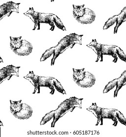 Black and white seamless pattern with hand drawn foxes