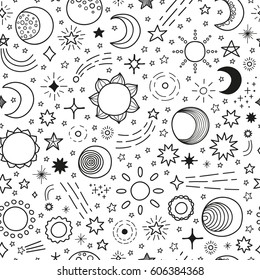 Black and white seamless pattern with hand drawn stars, sun and moon.