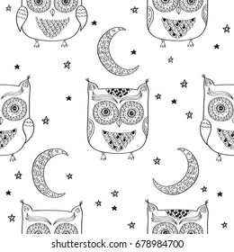 Black and white seamless pattern. Hand drawn cute owls, moon and stars for textile, wallpapers, gift wrap and scrapbook. Doodles, sketch for your design. Vector illustration.