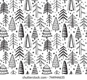 Black and white seamless pattern with hand drawn ornate Christmas trees. Vector endless background of new year symbols in graphic doodle style.