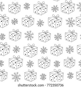 Black and white seamless pattern with hand drawn Christmas gifts, boxes and snowflakes, xmas background. Vector illustration.