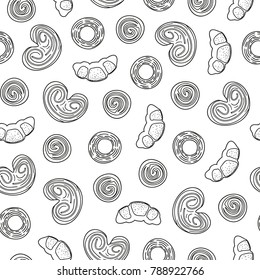 Black and white seamless pattern with hand drawn outline puffs, croissants, buns.