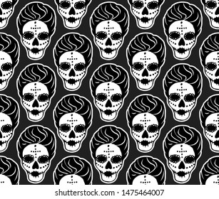 Black and white seamless pattern with a hand-drawn woman sugar skull dedicated to traditional Mexican holiday Dia De Los Muertos. Vector endless Halloween ornament for wrapping paper, fabric textile