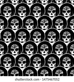 Black and white seamless pattern with a hand-drawn woman sugar skull dedicated to traditional Mexican holiday Dia De Los Muertos. Vector endless Halloween ornament for wrapping paper, fabric textile