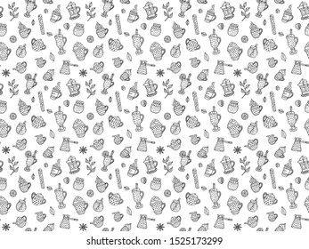 Black and white seamless pattern of hand-drawn warming beverages and spices in Scandinavian style. For the menu design, fabric, wrapping paper, wallpaper, textile etc. Vector.