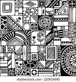 Black and white seamless pattern. Hand-drawn vector background. Geometric design.