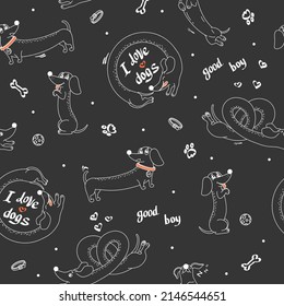 Black and white seamless pattern with hand-drawn dachshund dogs. Monochrome vector illustration in doodle style.