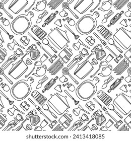 Patrón blanco y negro sin fisuras con doodle de utensilios de cocina dibujados a mano. Ilustración adecuada para textiles, impresión de papel envuelto, fondos.