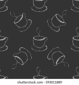 Black and white seamless pattern with hand-drawn cups of coffee