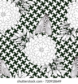 black and white seamless pattern with hand-drawn flowers on dogstooth