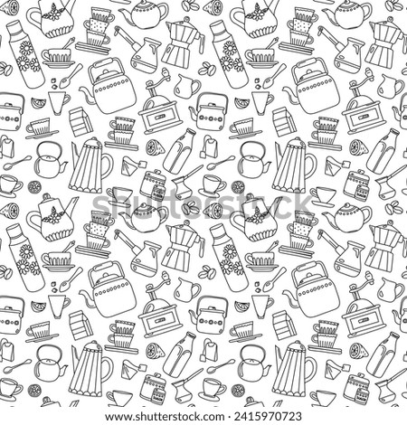 Black and white seamless pattern with hand-drawn kitchen utensils doodle. Vector Illustration on white background suitable for textile, wrap paper printing, wallpaper backgrounds.