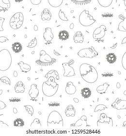 Black and white seamless pattern with hatching chicks, rabbits, eggs. Cute cartoon style background. Hand drawn doodle backdrop for Easter. Children illustration