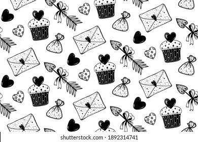 Black and white seamless pattern with hearts, hand drawn envelope, love arrow, cake in vintage style. Background for wrapping paper, fabric, decor for Valentine's Day or wedding. Romantic pattern.