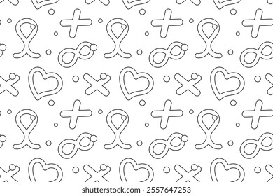 Black and white seamless pattern with hearts, crosses, and dots, designed for kids coloring activities.